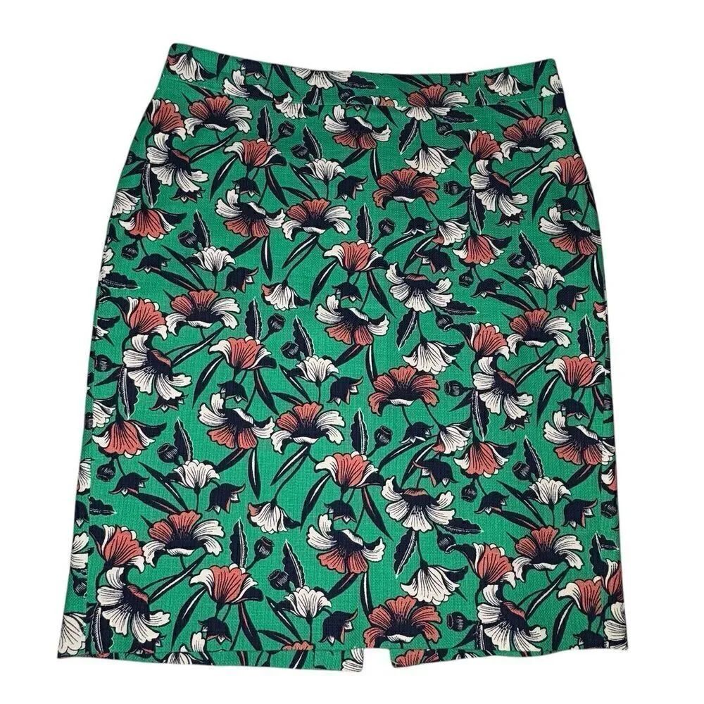 J. Crew Pencil Skirt Womens 6 Green Pink Floral Woven Cotton Cottagecore Preppy